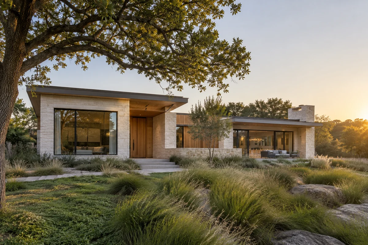 Contemporary stone and timber home surrounded by native grasses